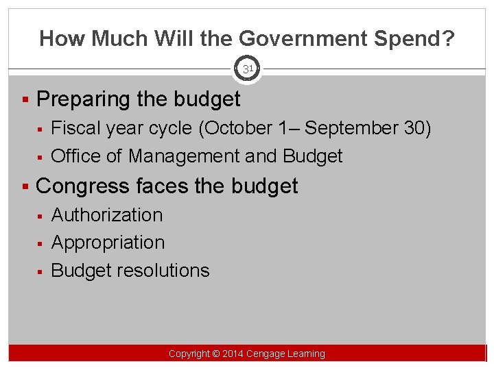 How Much Will the Government Spend? 31 § Preparing the budget § Fiscal year