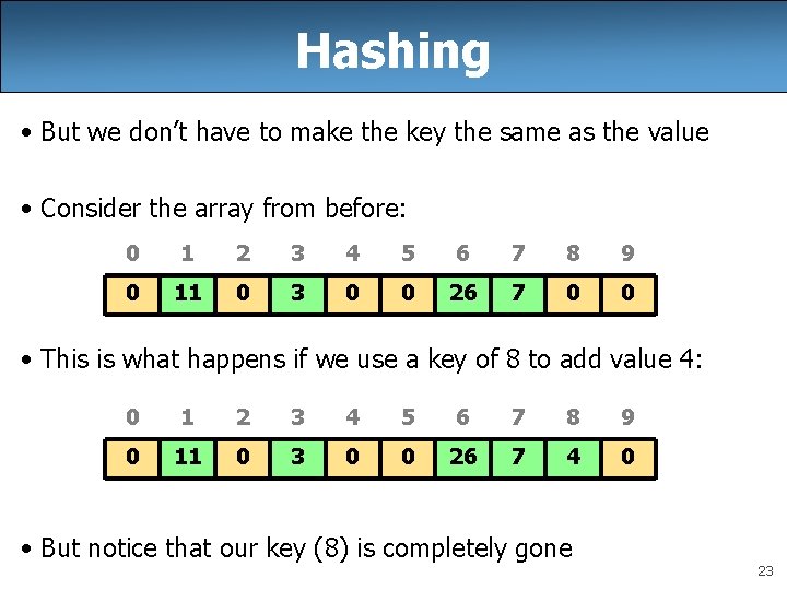 Hashing • But we don’t have to make the key the same as the