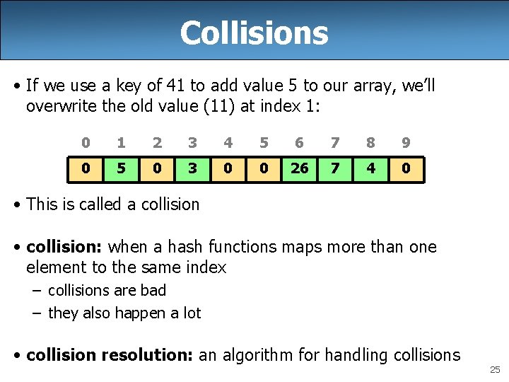 Collisions • If we use a key of 41 to add value 5 to