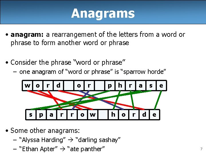 Anagrams • anagram: a rearrangement of the letters from a word or phrase to