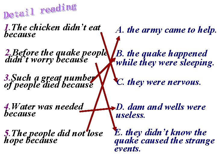 1. The chicken didn’t eat because A. the army came to help. 2. Before