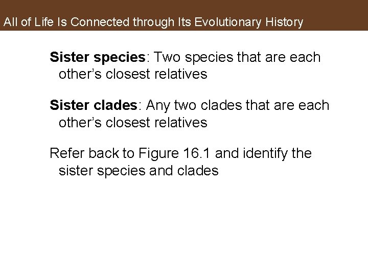 All of Life Is Connected through Its Evolutionary History Sister species: Two species that