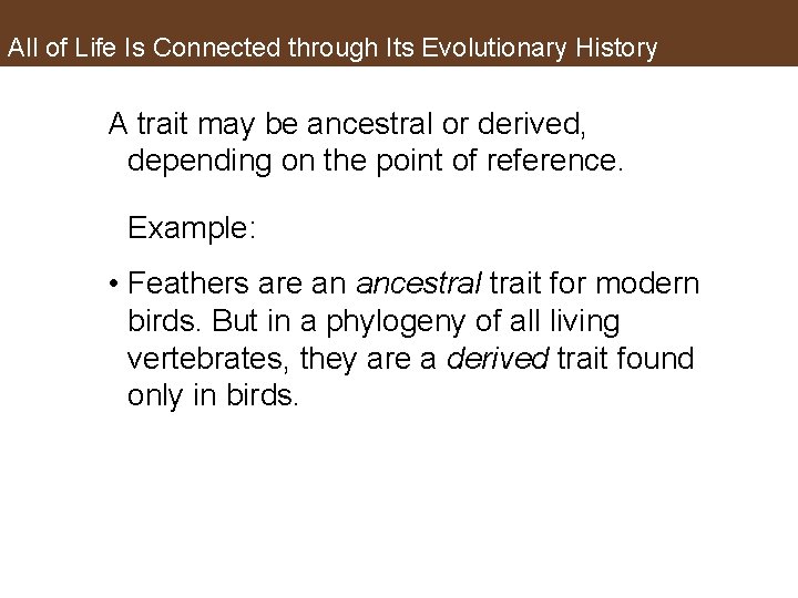 All of Life Is Connected through Its Evolutionary History A trait may be ancestral