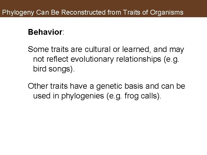 Phylogeny Can Be Reconstructed from Traits of Organisms Behavior: Some traits are cultural or