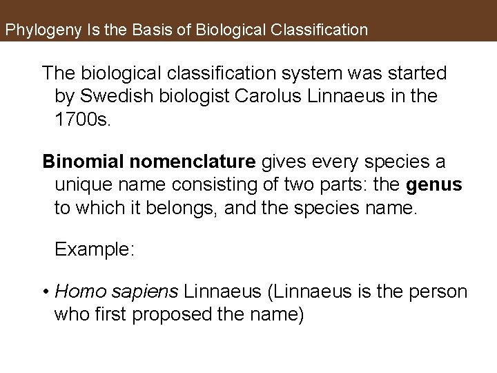 Phylogeny Is the Basis of Biological Classification The biological classification system was started by