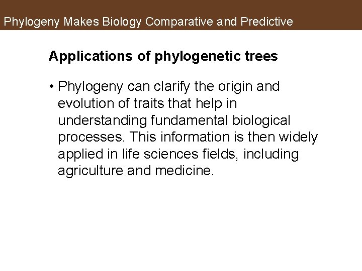 Phylogeny Makes Biology Comparative and Predictive Applications of phylogenetic trees • Phylogeny can clarify