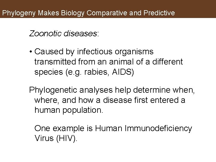 Phylogeny Makes Biology Comparative and Predictive Zoonotic diseases: • Caused by infectious organisms transmitted