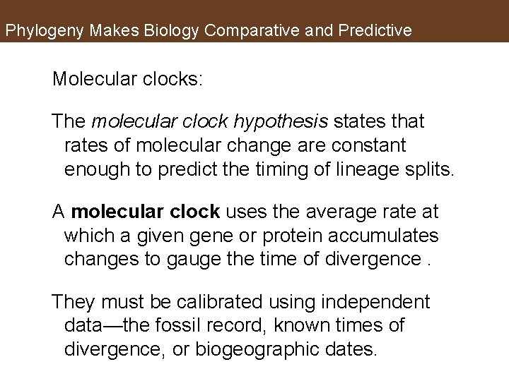 Phylogeny Makes Biology Comparative and Predictive Molecular clocks: The molecular clock hypothesis states that