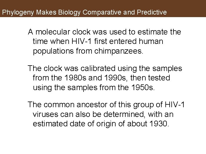 Phylogeny Makes Biology Comparative and Predictive A molecular clock was used to estimate the