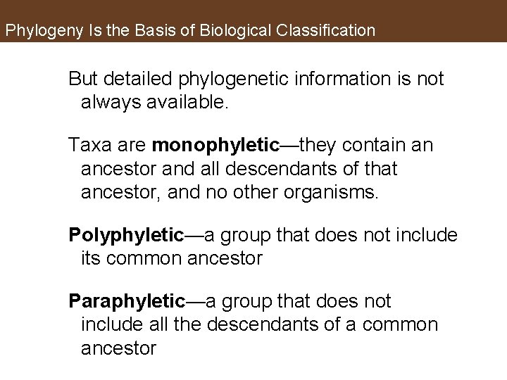 Phylogeny Is the Basis of Biological Classification But detailed phylogenetic information is not always