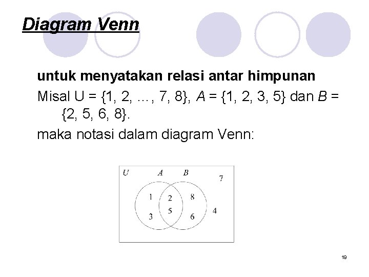 Diagram Venn untuk menyatakan relasi antar himpunan Misal U = {1, 2, …, 7,