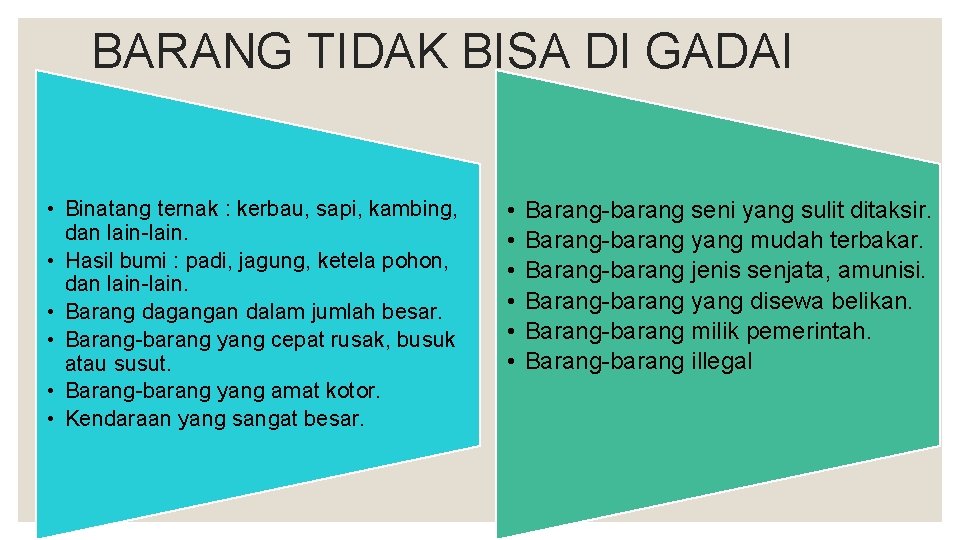 BARANG TIDAK BISA DI GADAI • Binatang ternak : kerbau, sapi, kambing, dan lain-lain.