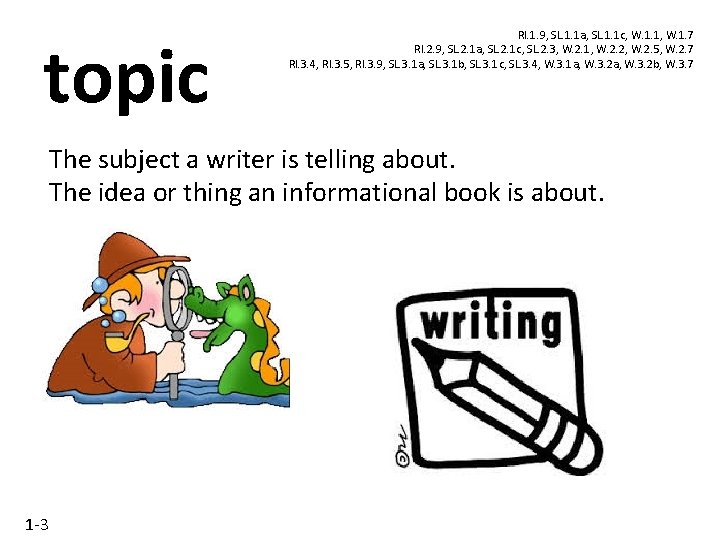 topic RI. 1. 9, SL. 1. 1 a, SL. 1. 1 c, W. 1.