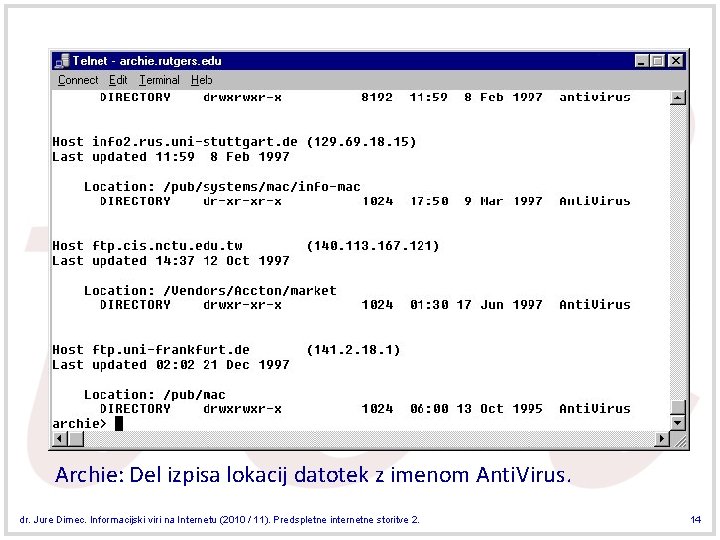 Archie: Del izpisa lokacij datotek z imenom Anti. Virus. dr. Jure Dimec. Informacijski viri