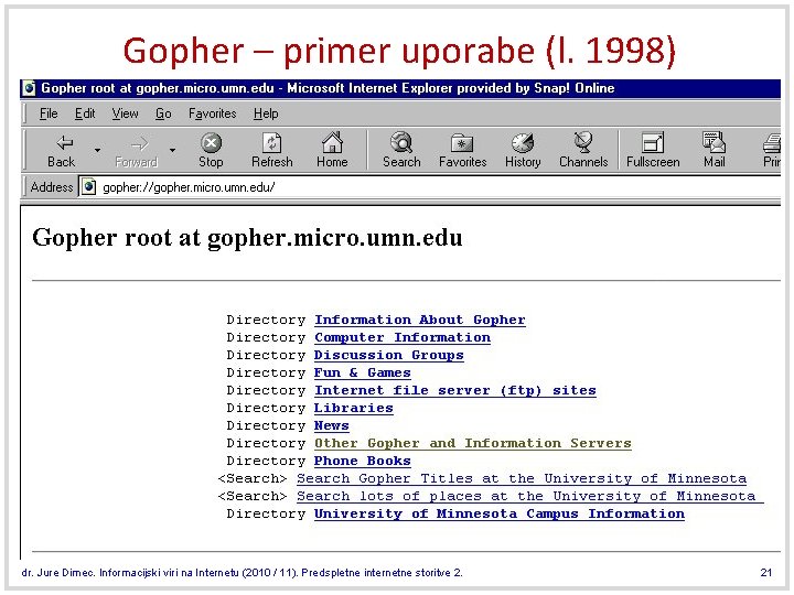 Gopher – primer uporabe (l. 1998) dr. Jure Dimec. Informacijski viri na Internetu (2010