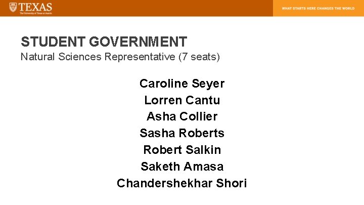 STUDENT GOVERNMENT Natural Sciences Representative (7 seats) Caroline Seyer Lorren Cantu Asha Collier Sasha