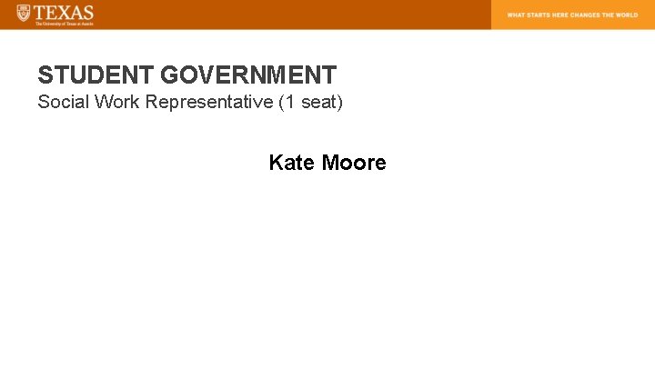 STUDENT GOVERNMENT Social Work Representative (1 seat) Kate Moore 