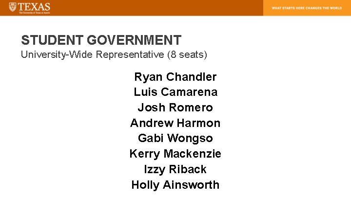 STUDENT GOVERNMENT University-Wide Representative (8 seats) Ryan Chandler Luis Camarena Josh Romero Andrew Harmon