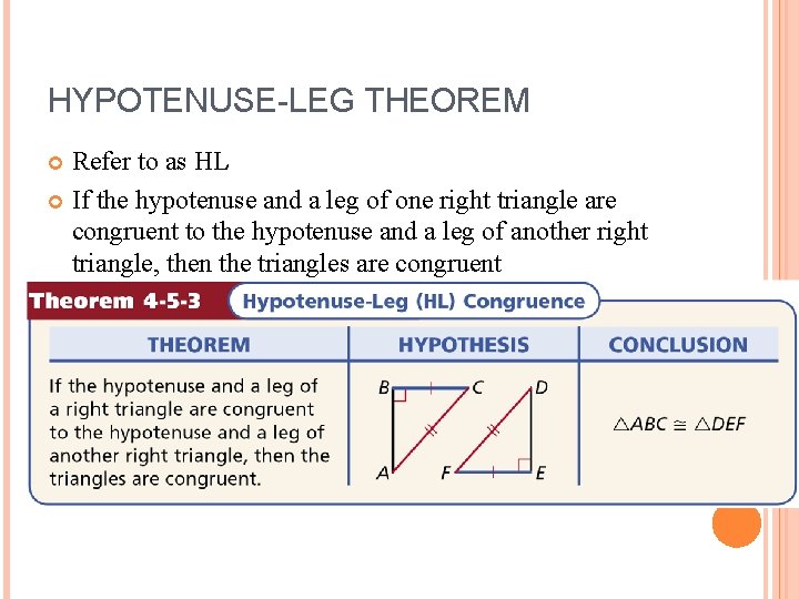 HYPOTENUSE-LEG THEOREM Refer to as HL If the hypotenuse and a leg of one