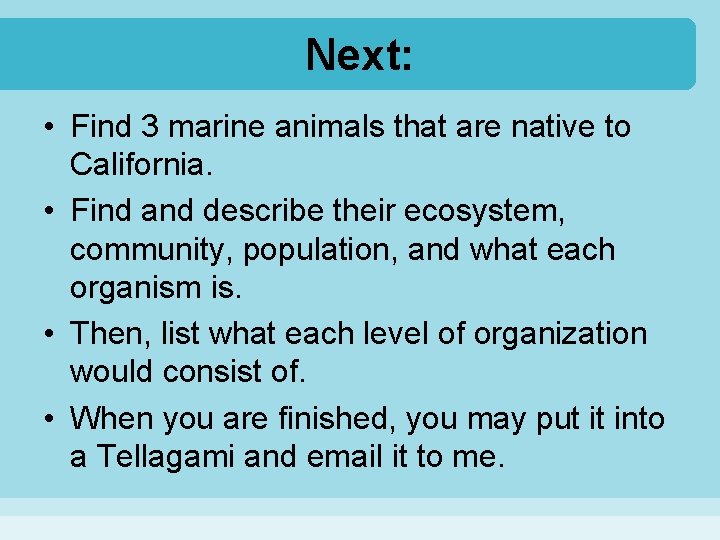 Next: • Find 3 marine animals that are native to California. • Find and