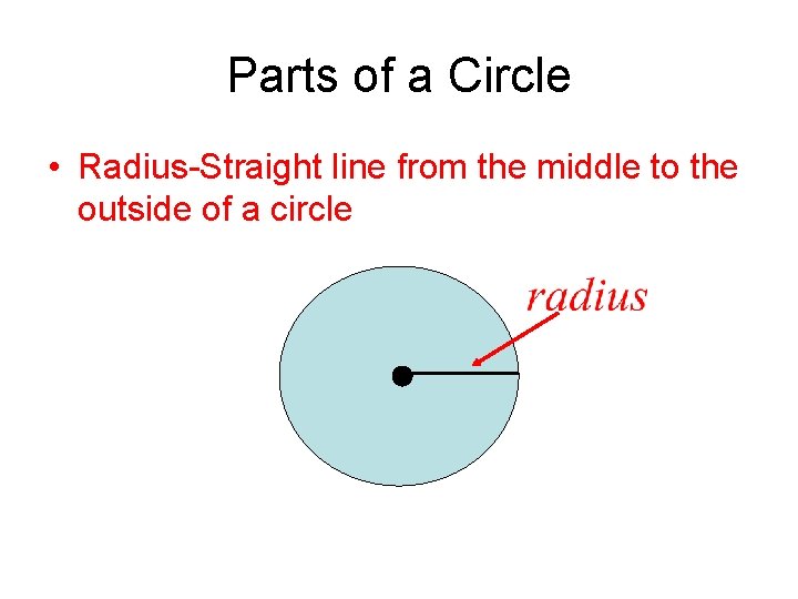 Parts of a Circle • Radius-Straight line from the middle to the outside of