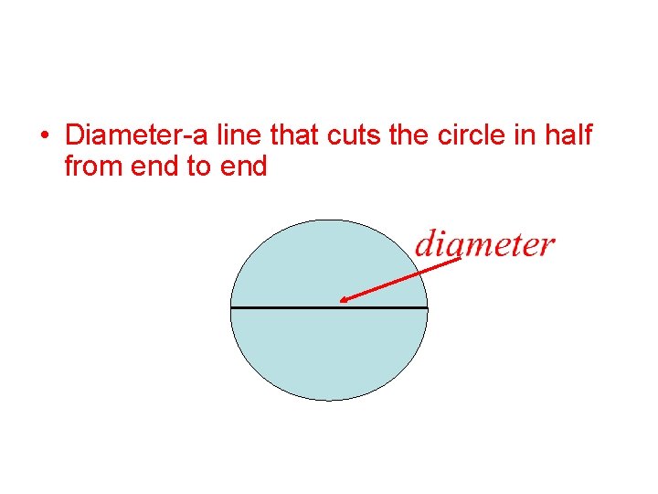  • Diameter-a line that cuts the circle in half from end to end