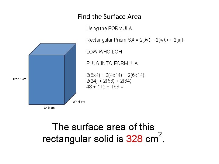 Find the Surface Area Using the FORMULA Rectangular Prism SA = 2(lw) + 2(wh)