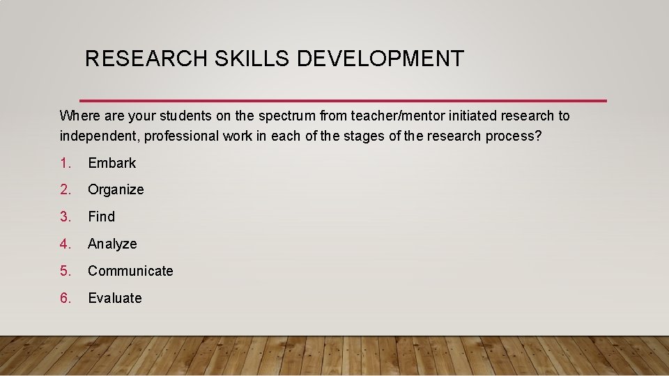 RESEARCH SKILLS DEVELOPMENT Where are your students on the spectrum from teacher/mentor initiated research