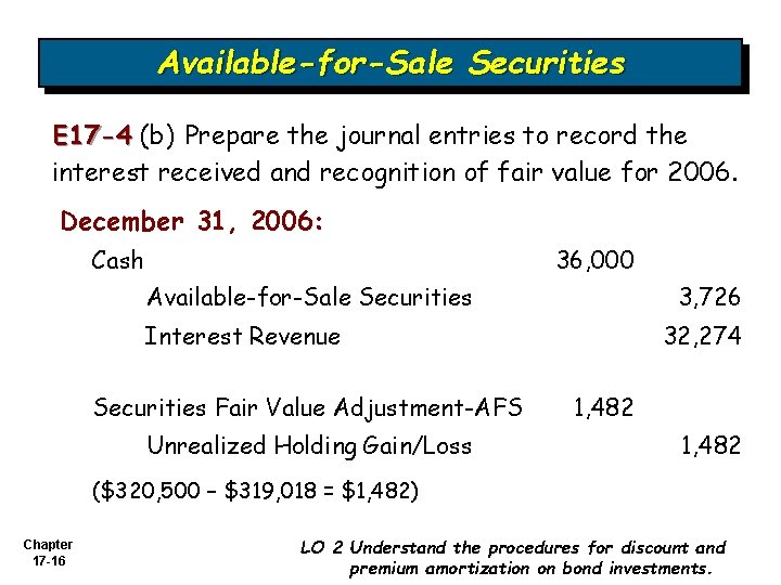 Available-for-Sale Securities E 17 -4 (b) Prepare the journal entries to record the interest