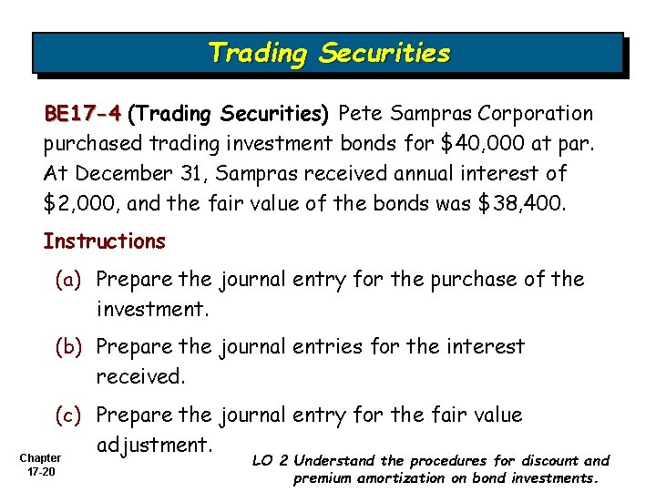 Trading Securities BE 17 -4 (Trading Securities) Pete Sampras Corporation purchased trading investment bonds