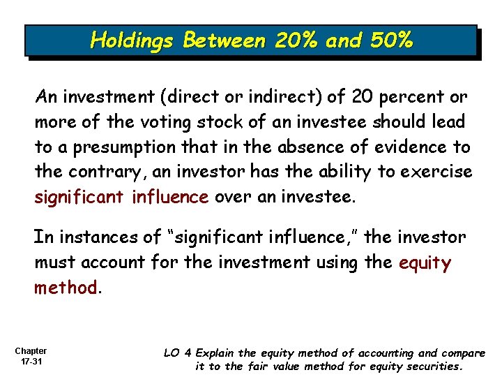 Holdings Between 20% and 50% An investment (direct or indirect) of 20 percent or