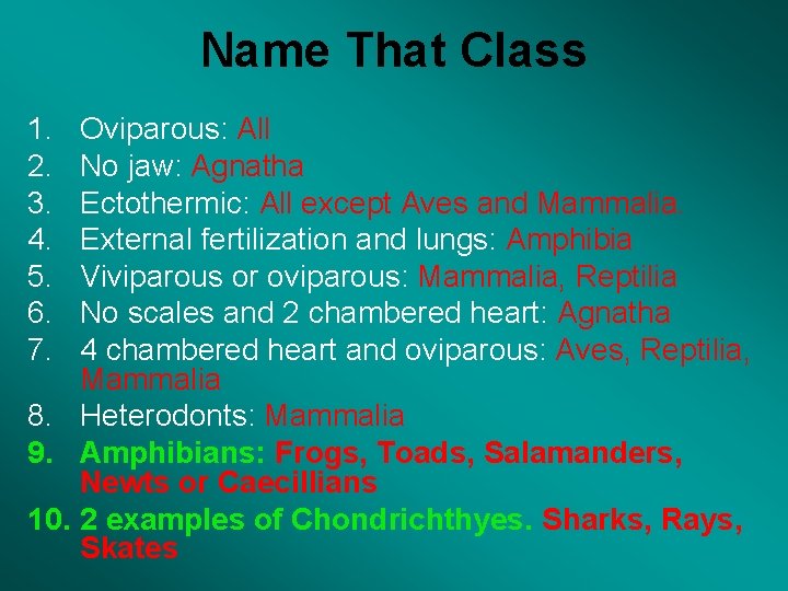 Name That Class 1. 2. 3. 4. 5. 6. 7. Oviparous: All No jaw: