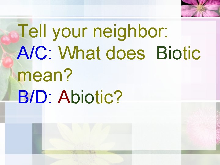Tell your neighbor: A/C: What does Biotic mean? B/D: Abiotic? 