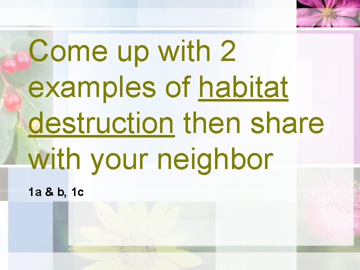 Come up with 2 examples of habitat destruction then share with your neighbor 1