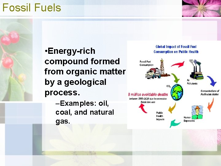 Fossil Fuels • Energy-rich compound formed from organic matter by a geological process. –Examples: