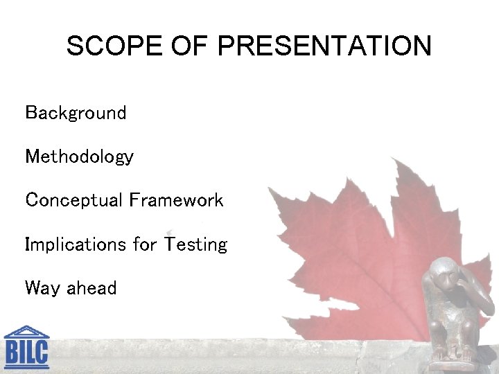 SCOPE OF PRESENTATION Background Methodology Conceptual Framework Implications for Testing Way ahead 