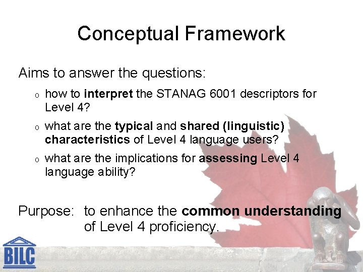 Conceptual Framework Aims to answer the questions: o how to interpret the STANAG 6001