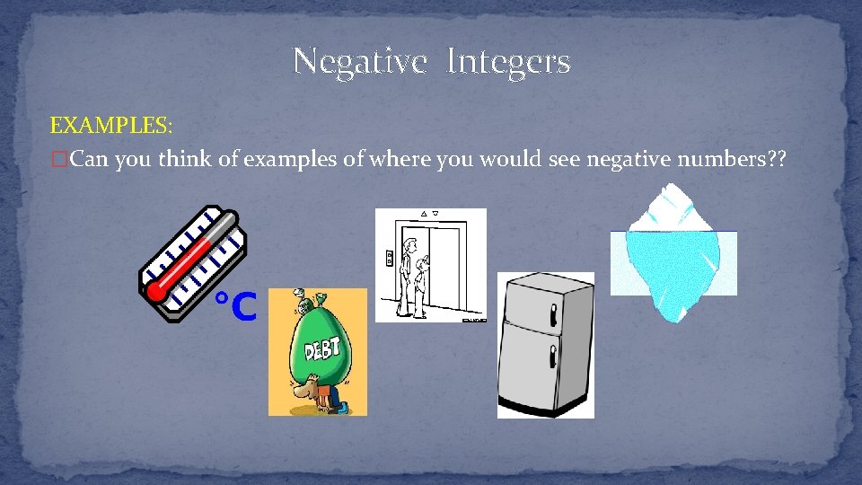 Negative Integers EXAMPLES: �Can you think of examples of where you would see negative