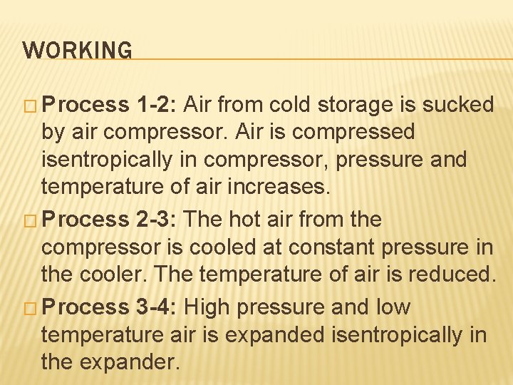 WORKING � Process 1 -2: Air from cold storage is sucked by air compressor.