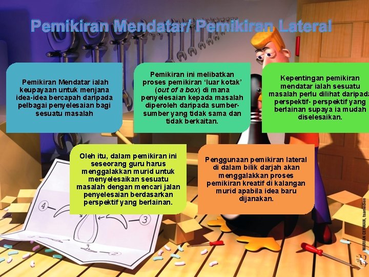 Pemikiran Mendatar/ Pemikiran Lateral Pemikiran Mendatar ialah keupayaan untuk menjana idea-idea bercapah daripada pelbagai