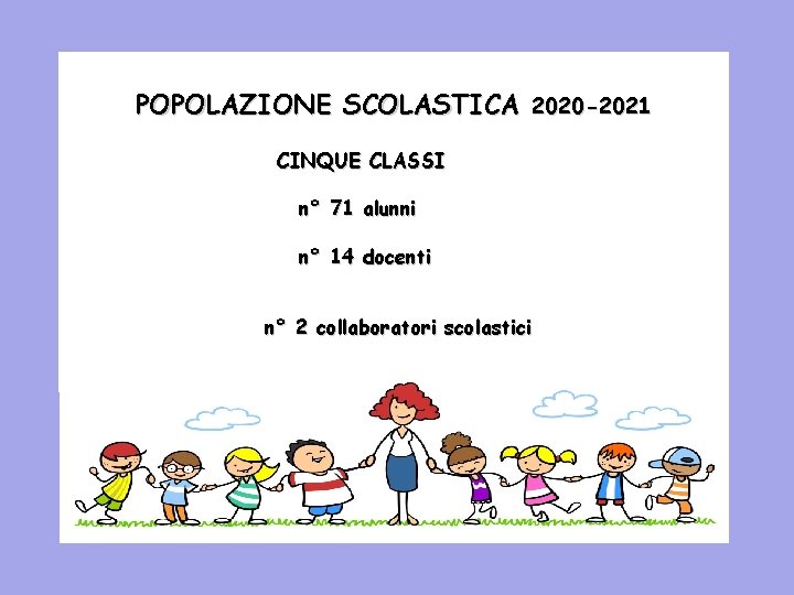 POPOLAZIONE SCOLASTICA 2020 -2021 CINQUE CLASSI n° 71 alunni n° 14 docenti n° 2