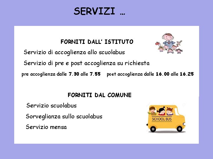 SERVIZI … FORNITI DALL’ ISTITUTO Servizio di accoglienza allo scuolabus Servizio di pre e