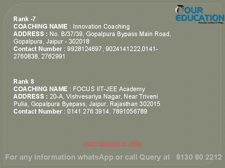 Rank -7 COACHING NAME : Innovation Coaching ADDRESS : No. B/37/39, Gopalpura Bypass Main