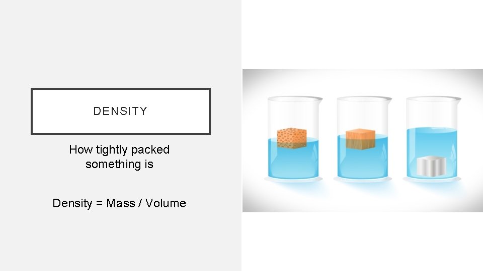 DENSITY How tightly packed something is Density = Mass / Volume 
