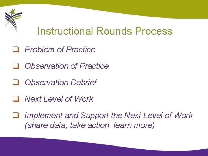Instructional Rounds Process q Problem of Practice q Observation Debrief q Next Level of