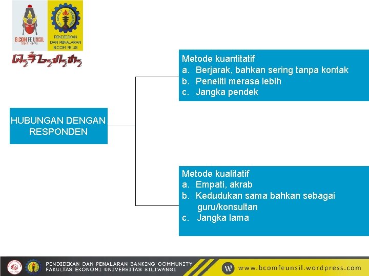 Metode kuantitatif a. Berjarak, bahkan sering tanpa kontak b. Peneliti merasa lebih c. Jangka