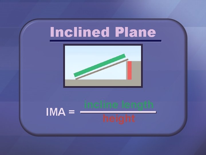 Inclined Plane incline length IMA = height 