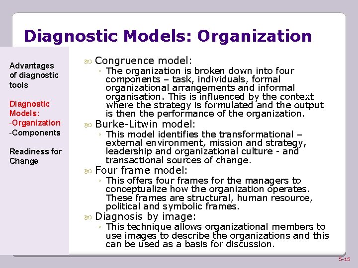 Diagnostic Models: Organization Advantages of diagnostic tools Diagnostic Models: -Organization -Components Readiness for Change