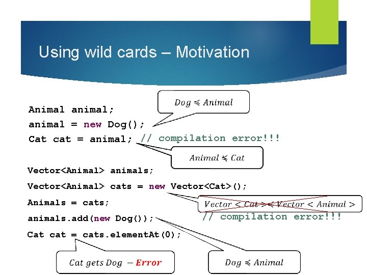 Using wild cards – Motivation Animal animal; animal = new Dog(); Cat cat =