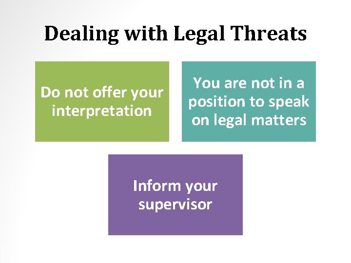 Dealing with Legal Threats Do not offer your interpretation You are not in a